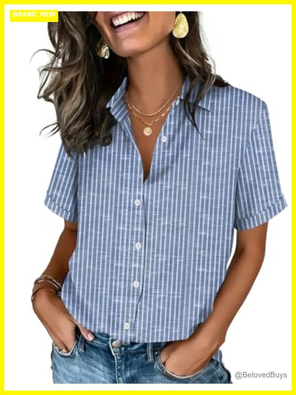 Women's Button Down Short Sleeve Blouse Dressy Casual V-Neck with Roll-Up Cuffs - Picture 1 of 4